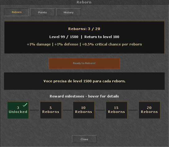 Janela de Reborn com as abas Reborn, Points e History, contador de três reborns e marco de três reborns desbloqueado